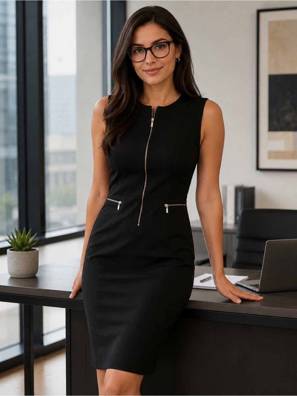 Like New Calvin Klein Black Midi Dress with Gold Zipper Detail